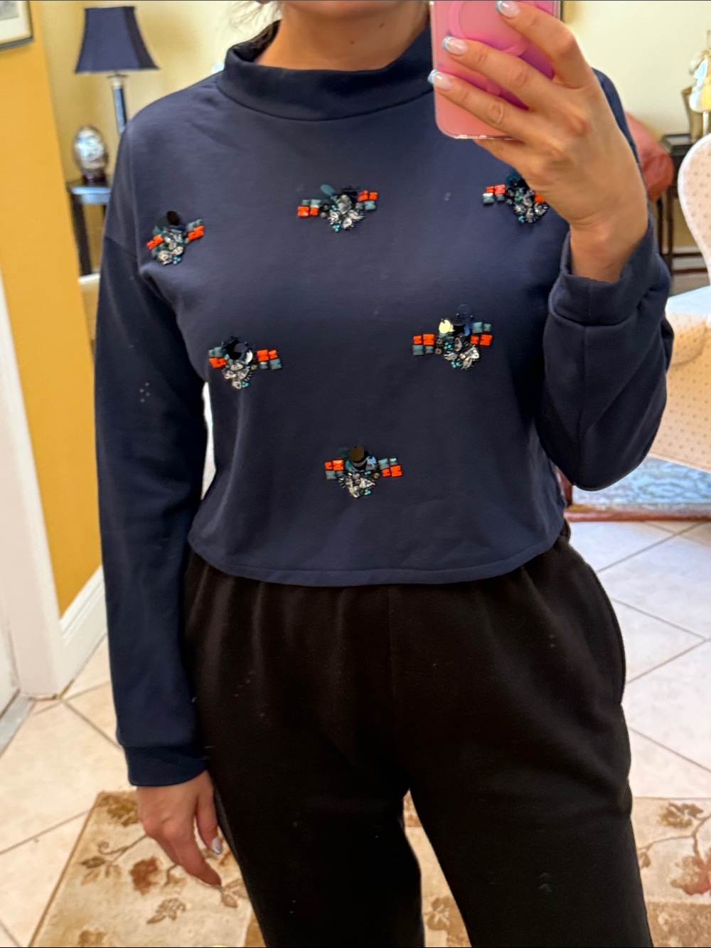 Mustard Seed Navy Embellished Cropped Sweatshirt